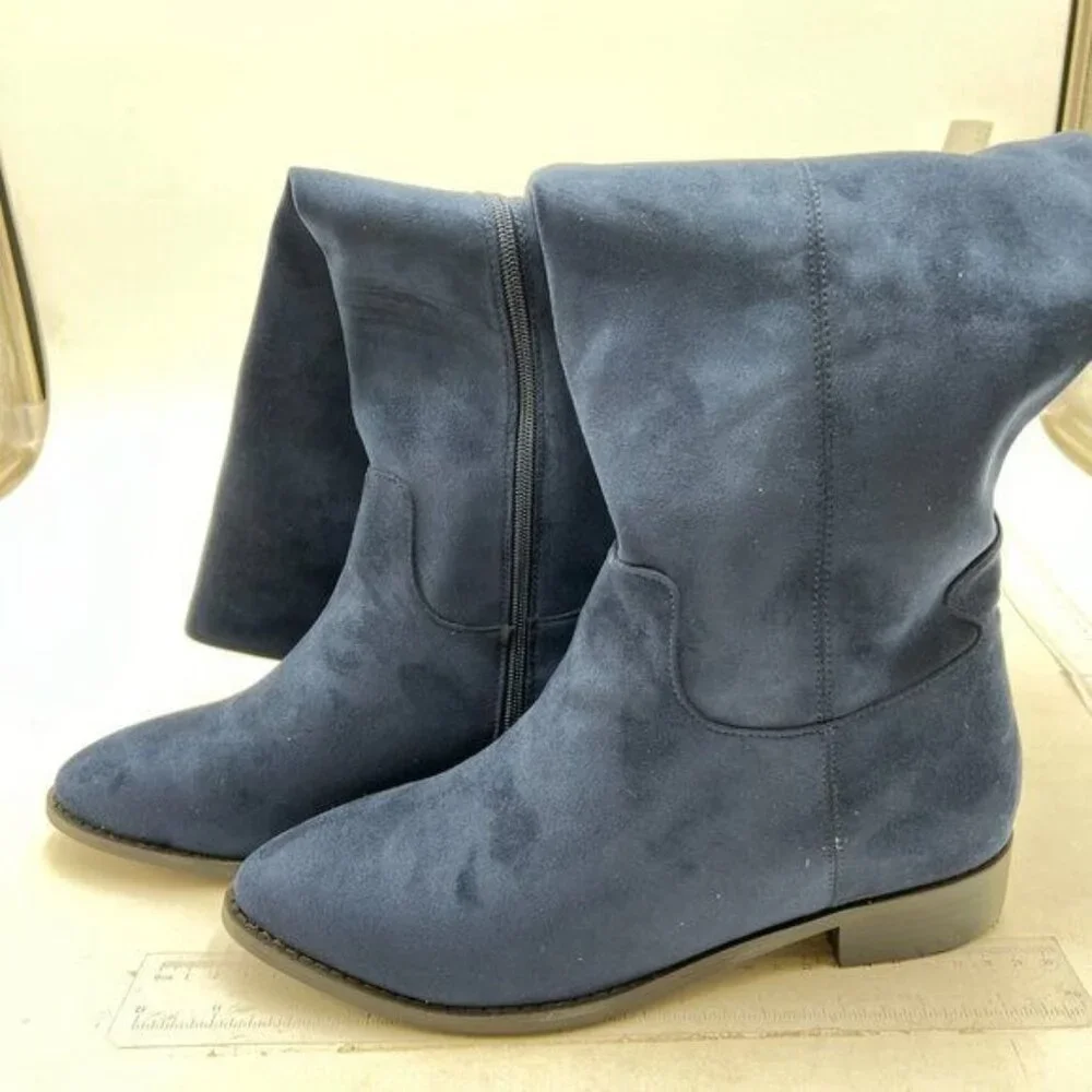 Pazzion Women Almond Toe Knee High Boots with Partial Zipper Stretchy Boot Blue